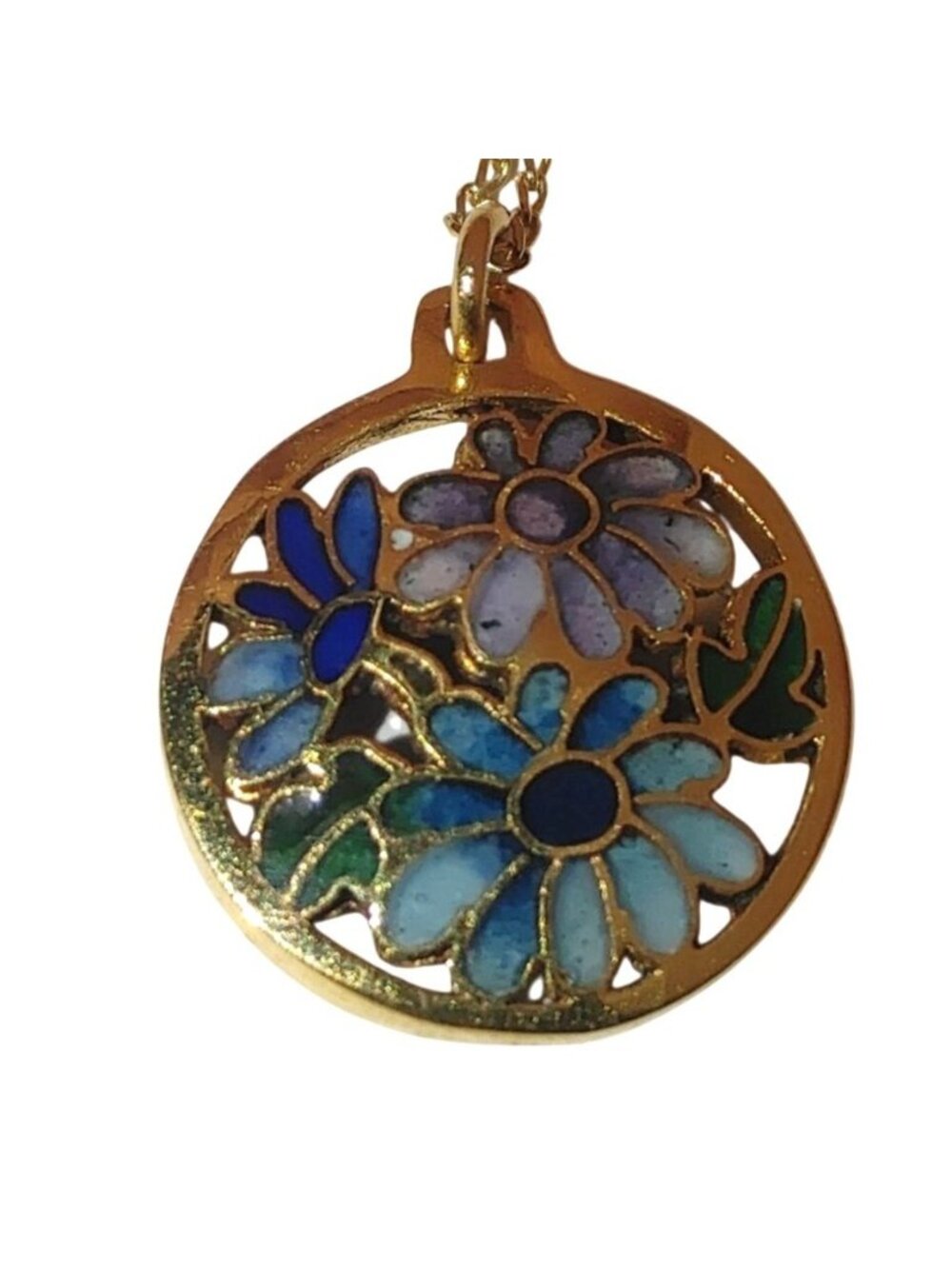 Amita Necklace Cloisonne Champlevé Enamel Floral Pendant 14k GF 18 Inch Chain